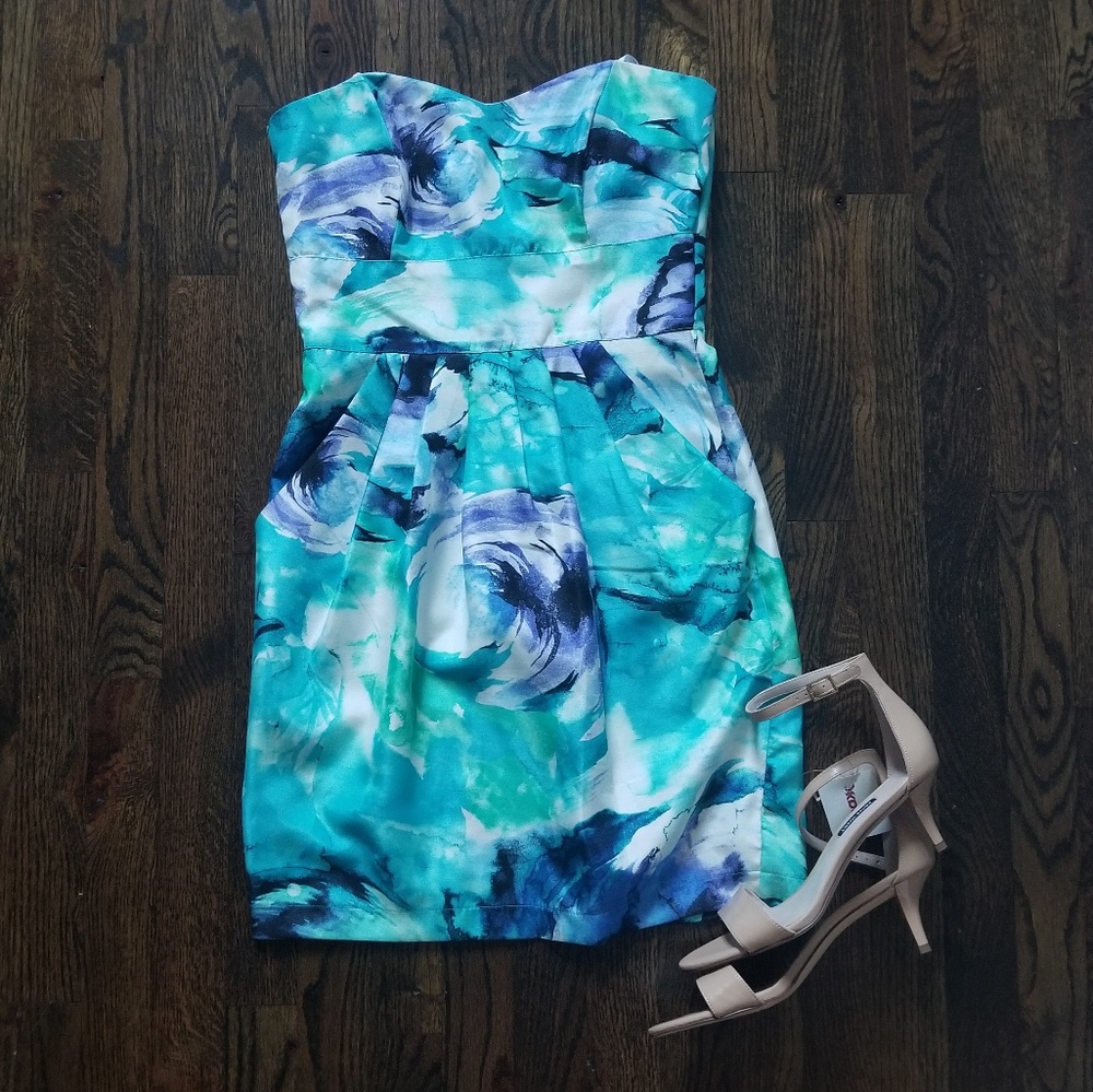 Strapless watercolor floral dress